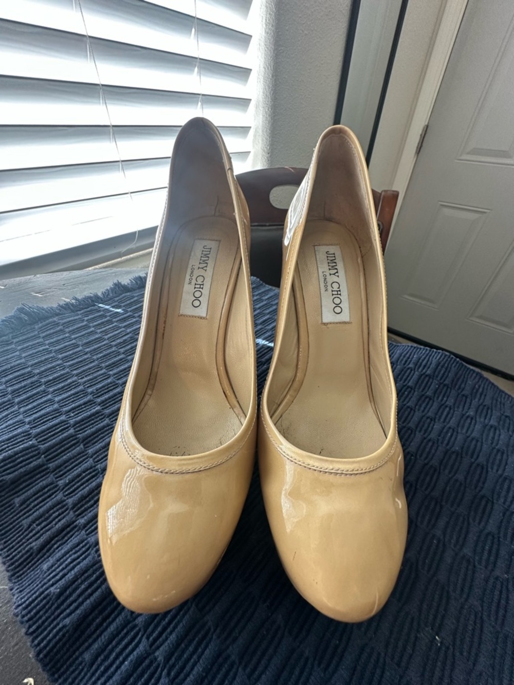Jimmy Choo Beige Patent Leather Round-Toe Pumps